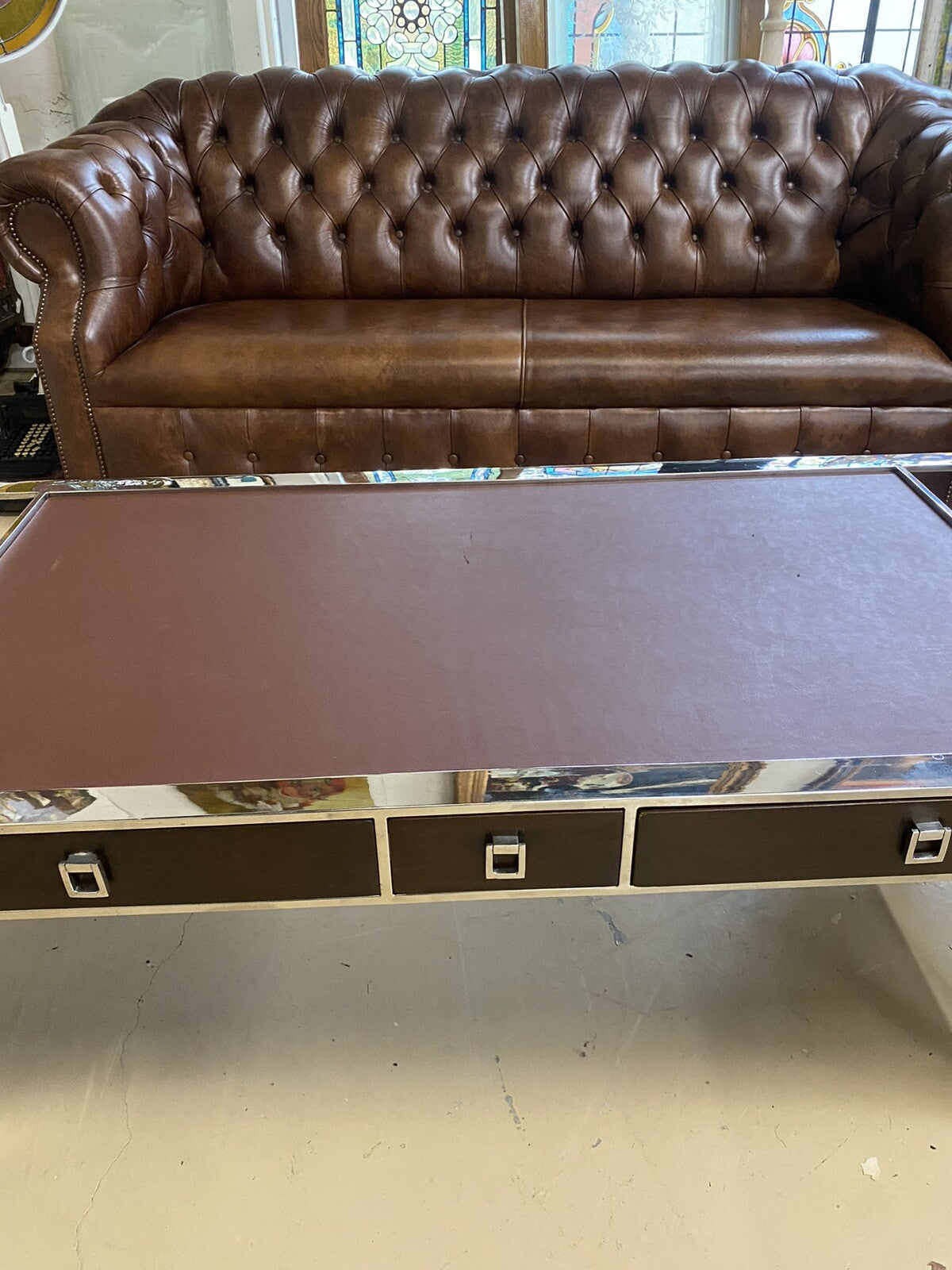 FRENCH MODERN CHROME & LEATHER COFFEE TABLE