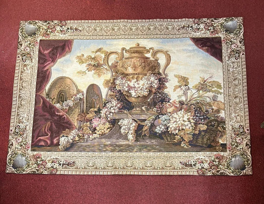 Vintage Tapestry Wall Hanging, 41" x 58" Urn with Grapes Corona Decor AP1