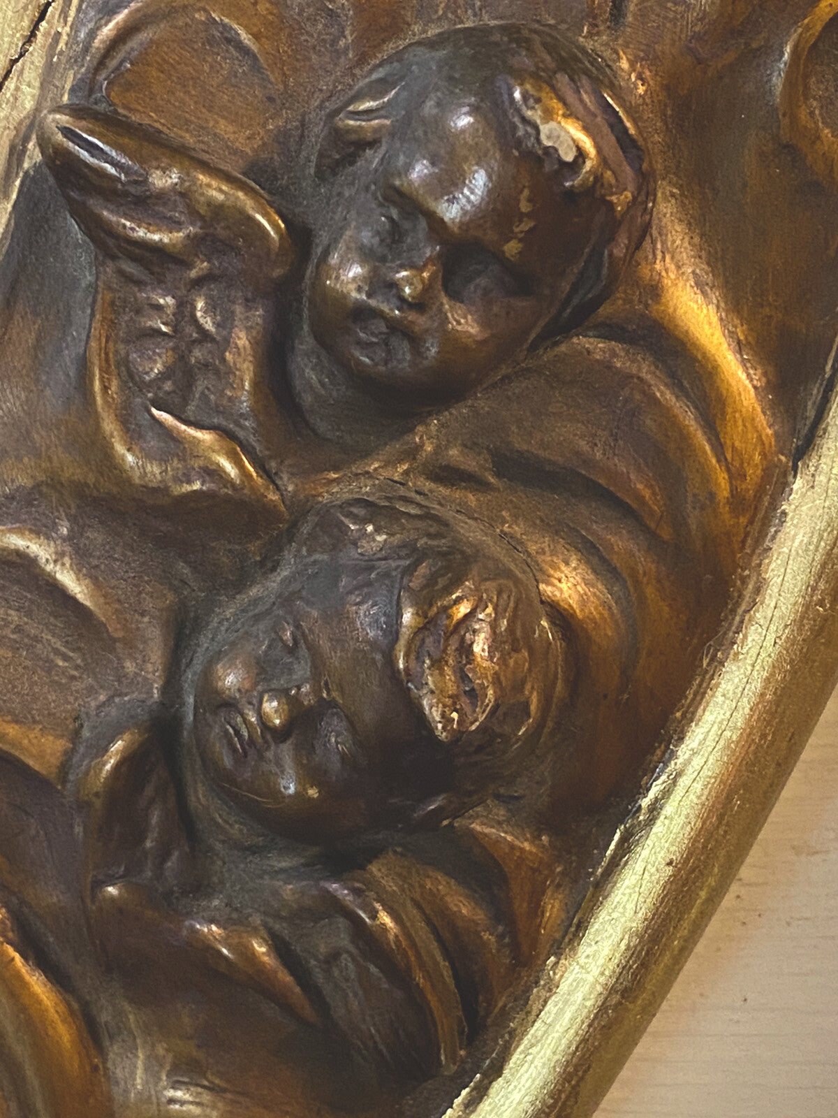 Antique Victorian Gold Oval Mirror w/ Cherub Faces and Wings