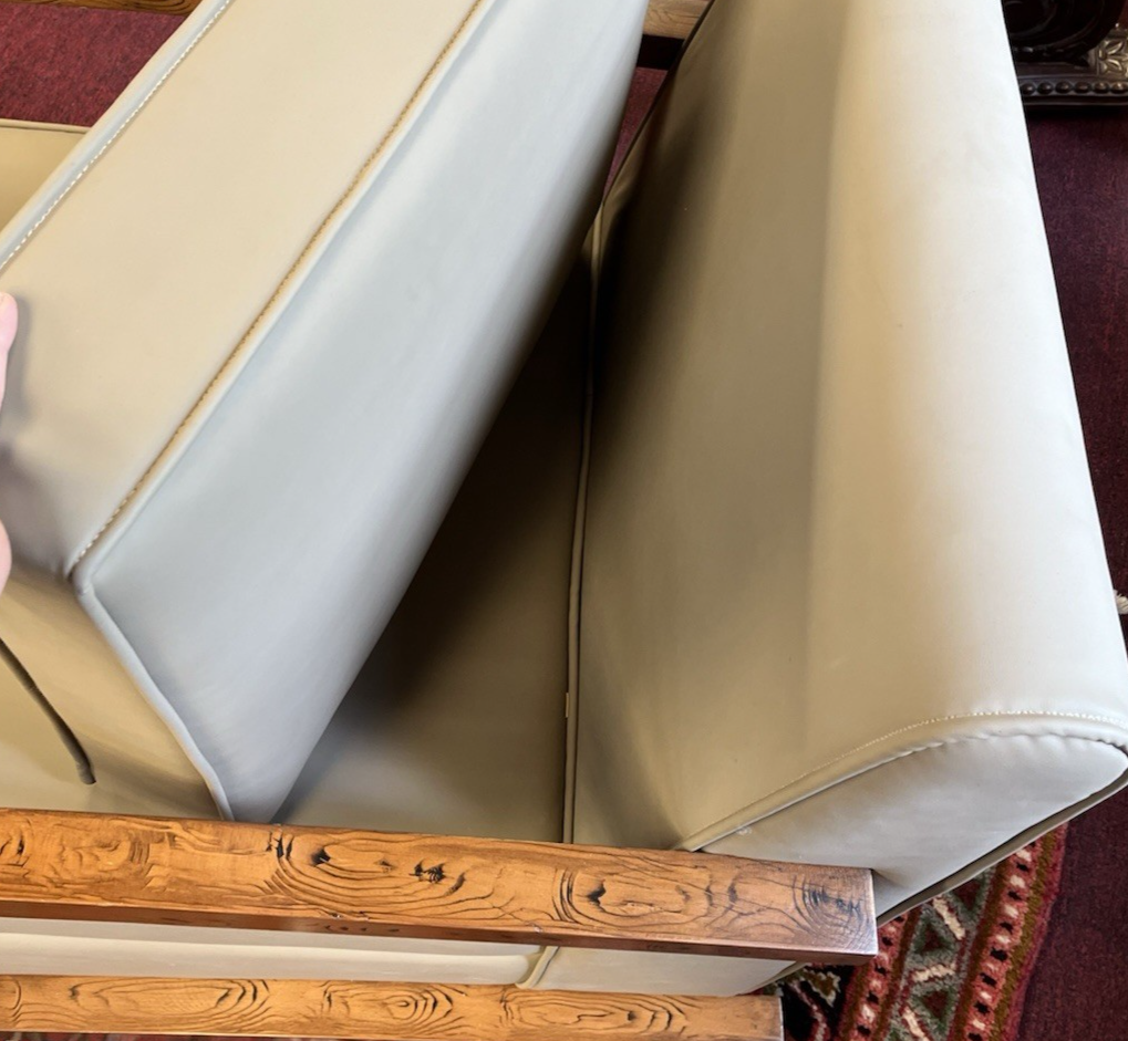 PAIR OF ART DECO STYLE UPHOLSTERED ARMCHAIRS & OTTOMANS