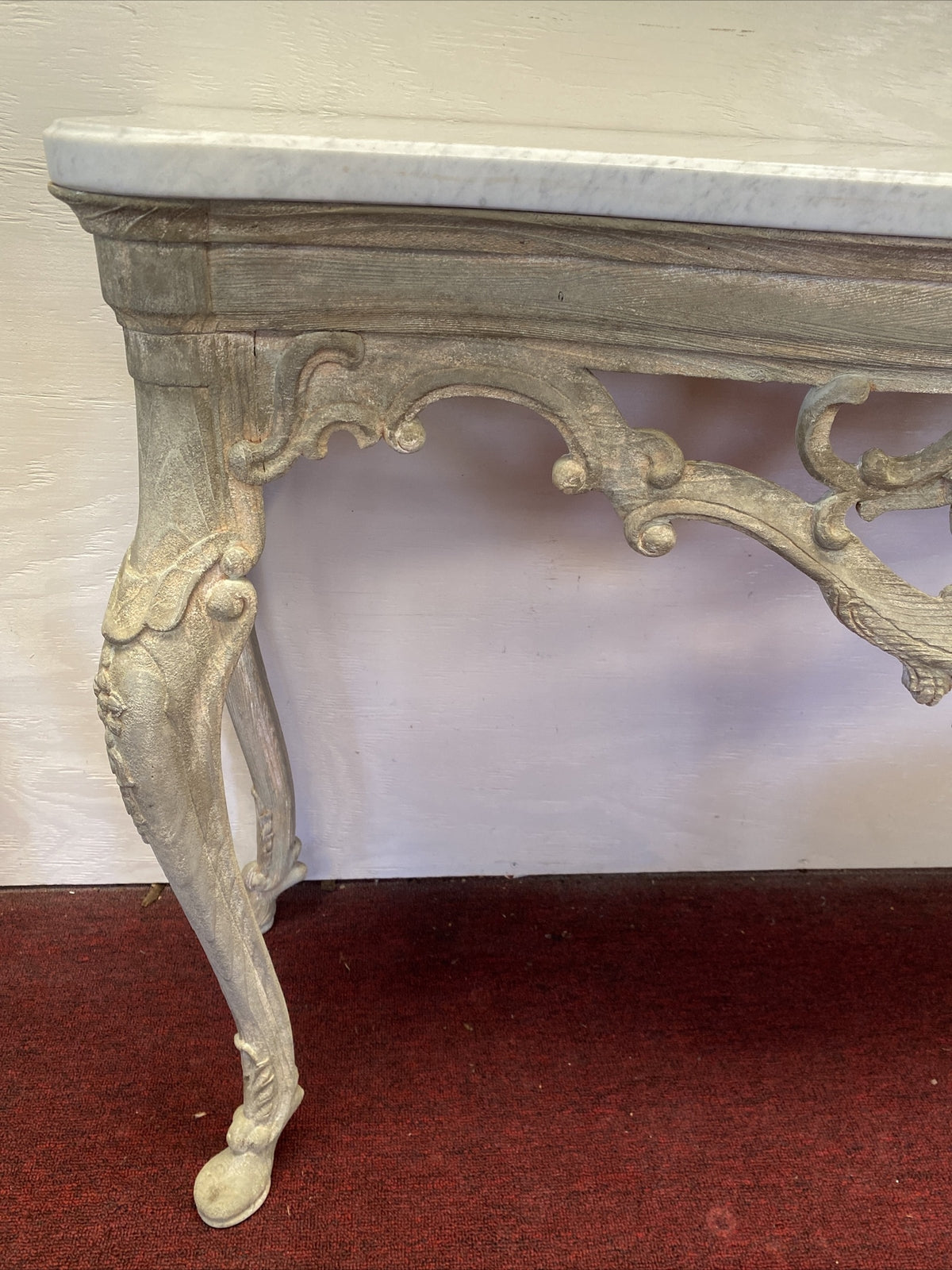 Antique Italian Pierced & White Washed Console Table w/ Marble Top