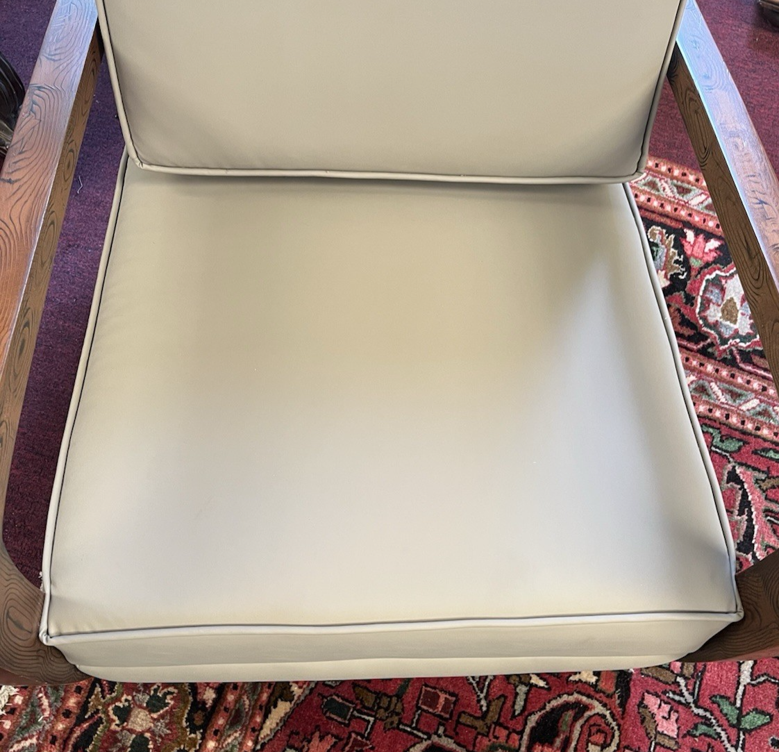 PAIR OF ART DECO STYLE UPHOLSTERED ARMCHAIRS & OTTOMANS