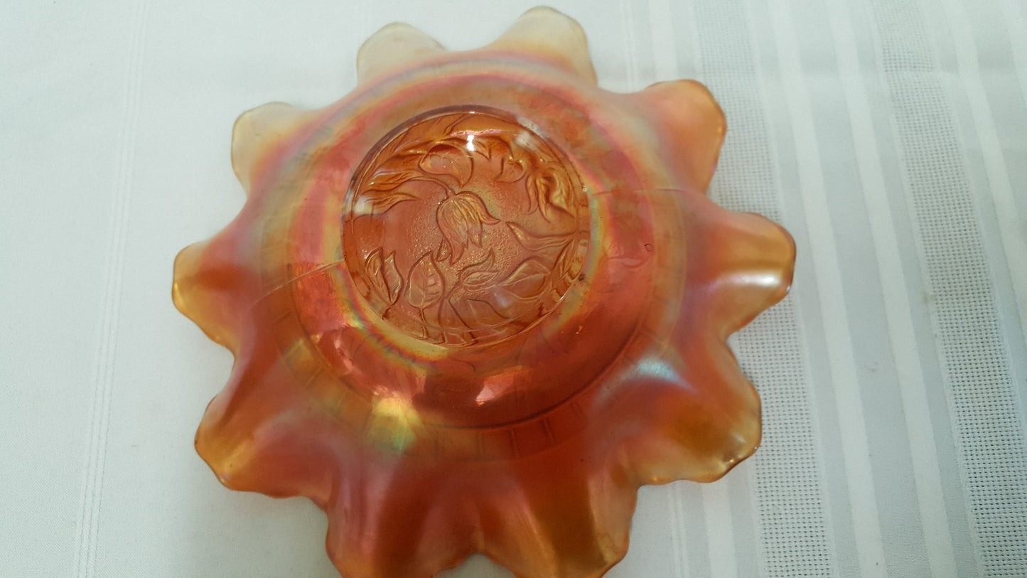 Vintage Dugan Marigold WINDFLOWER Carnival Glass 8 1/2" Ruffled Bowl