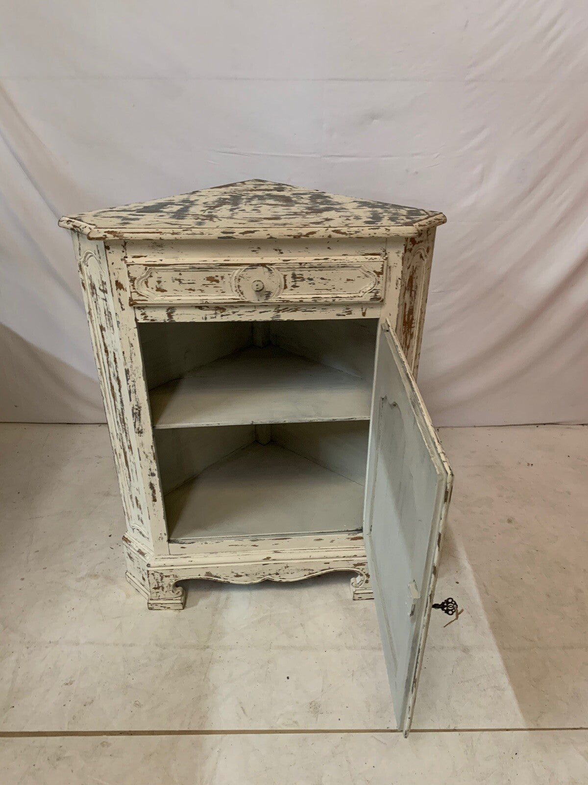 Antique French Provincial Painted Corner Cabinet Distressed Shabby Farmhouse