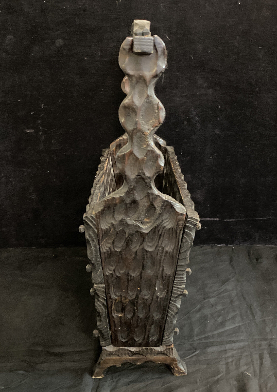 Spanish Brutalist Carved Wood Magazine Rack Vintage Farmhouse Lodge Rustic