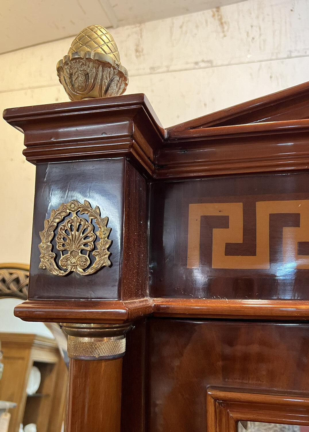 French Empire 2 Door Cabinet w Glass Shelves Inlaid Designs