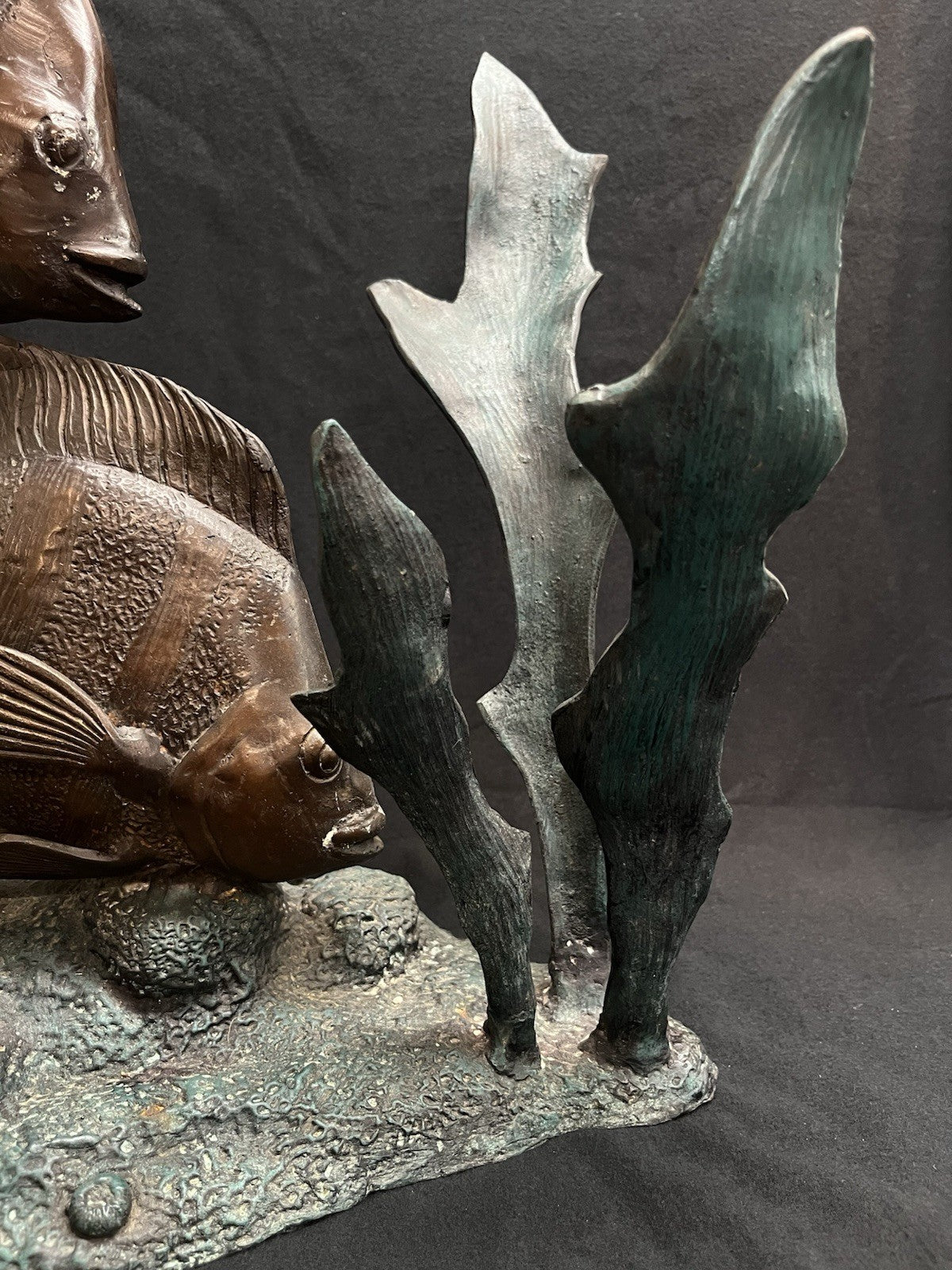 PB14 Bronze Green and Brown Three Angel Fish w/ Seaweed Sculpture/Statue 26.75"