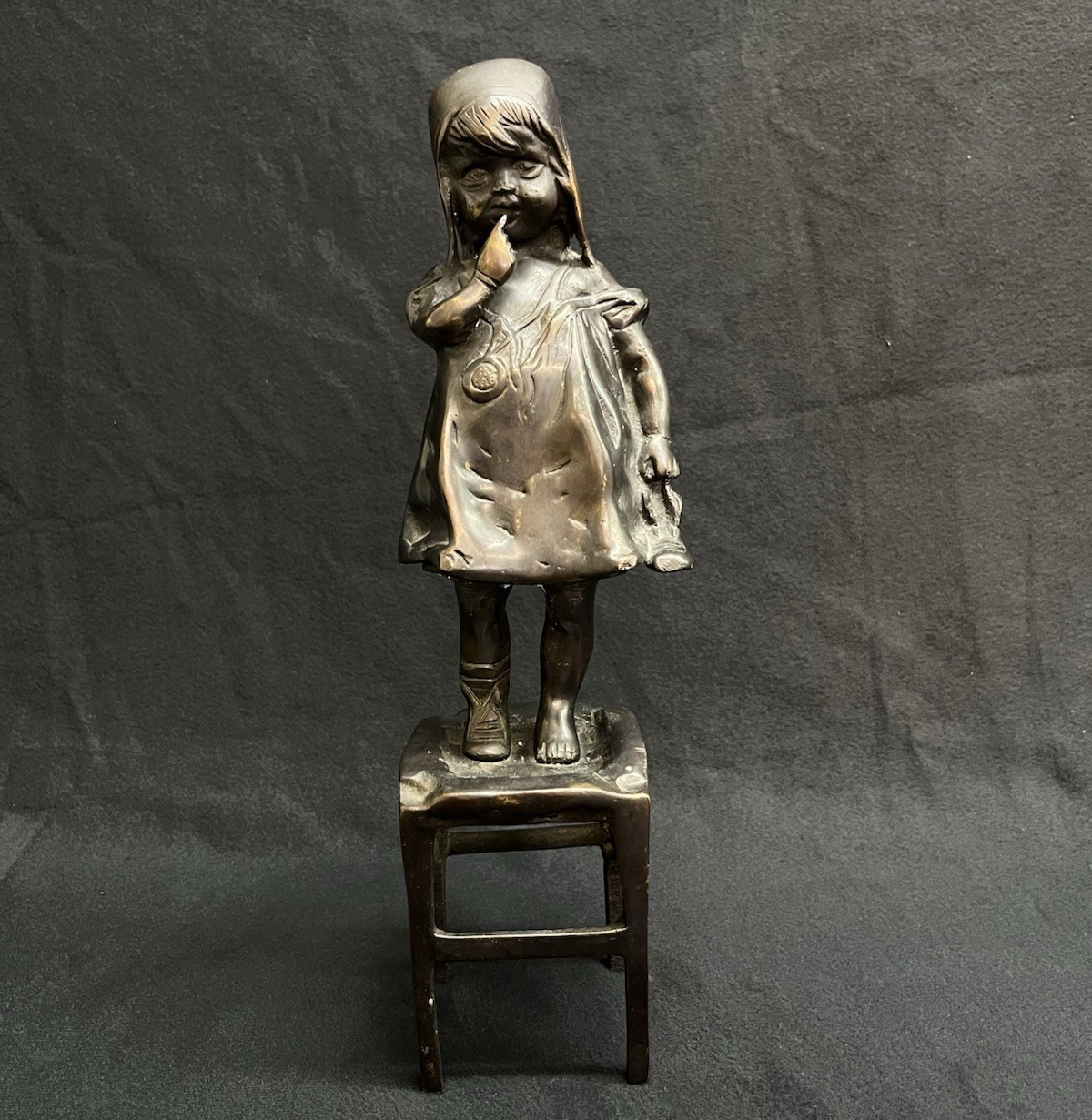 Antique After Juan Clara Bronze Sculpture Girl on Chair w/ One Shoe 11.5"