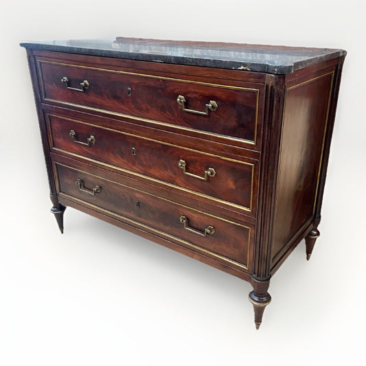 ANTIQUE FRENCH LOUIS XVI MARBLE-TOP FLAME BURL MAHOGANY COMMODE CHEST OF DRAWERS