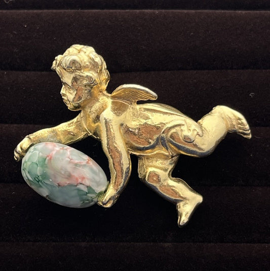 Rare Hattie Carnegie Cherub Brooch Pin Clutching lg Oval Faux Swivel Stone 1950