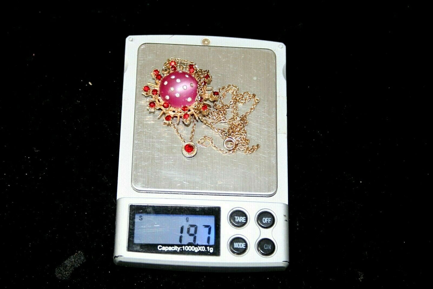 Vtg Celestial Moon and Stars Pendant Faux Amethyst Cabochon w Rhinestones Rubies