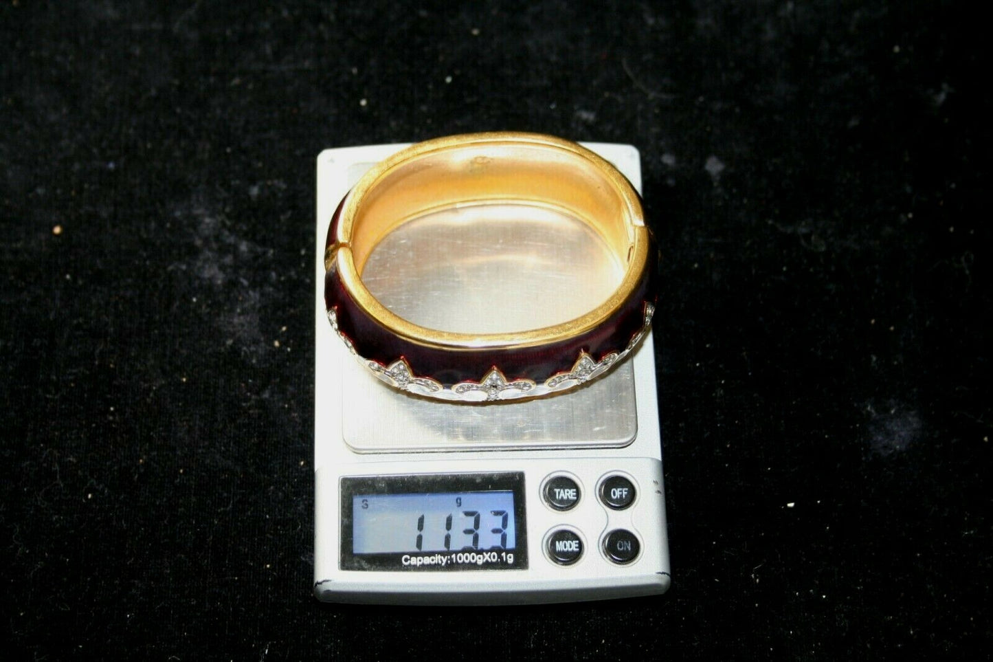 Swarovski Red Enamel Crystal Fleur De Lys Hinged Bracelet 1980s Guilloche $795