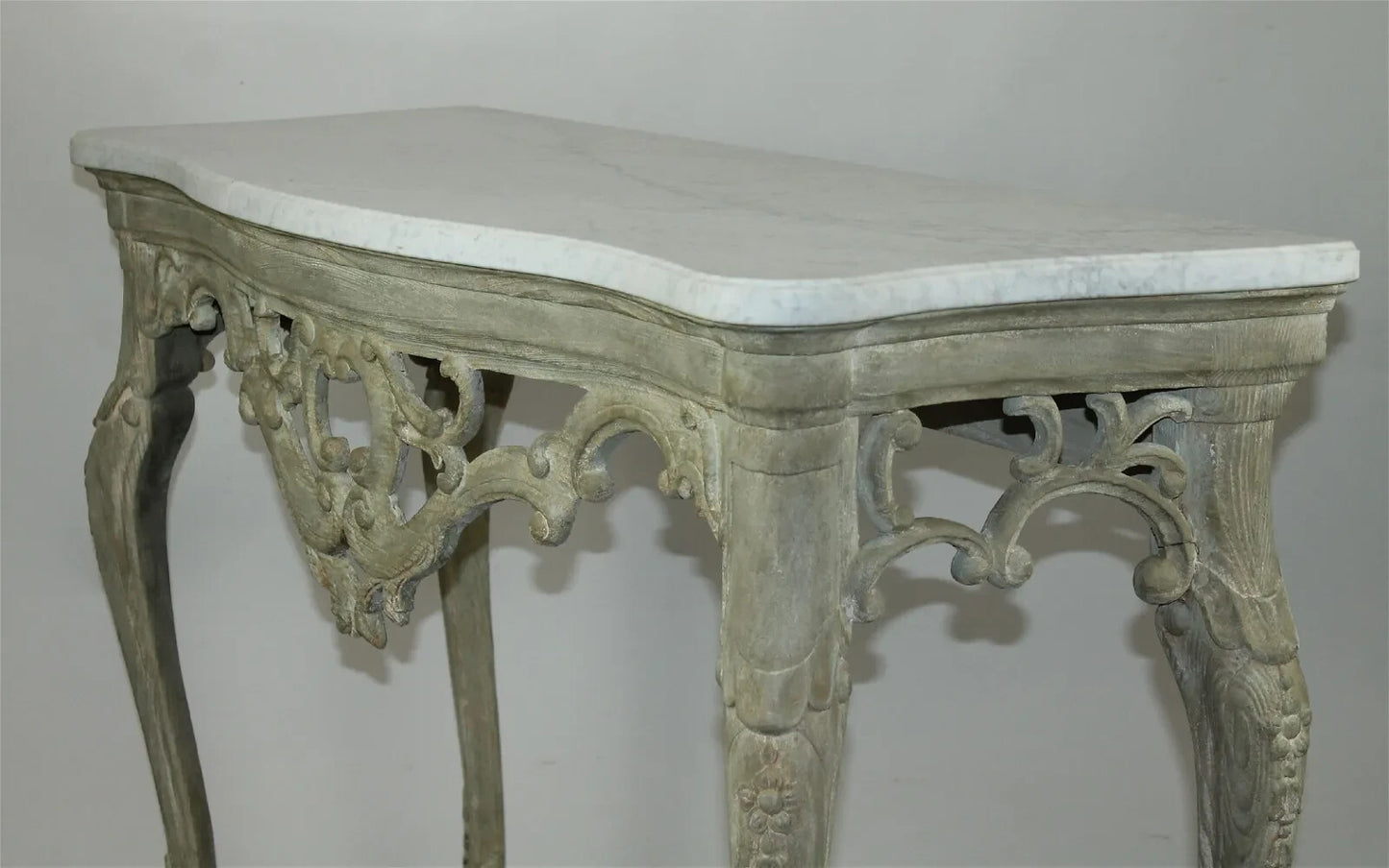 Antique Italian Pierced & White Washed Console Table w/ Marble Top
