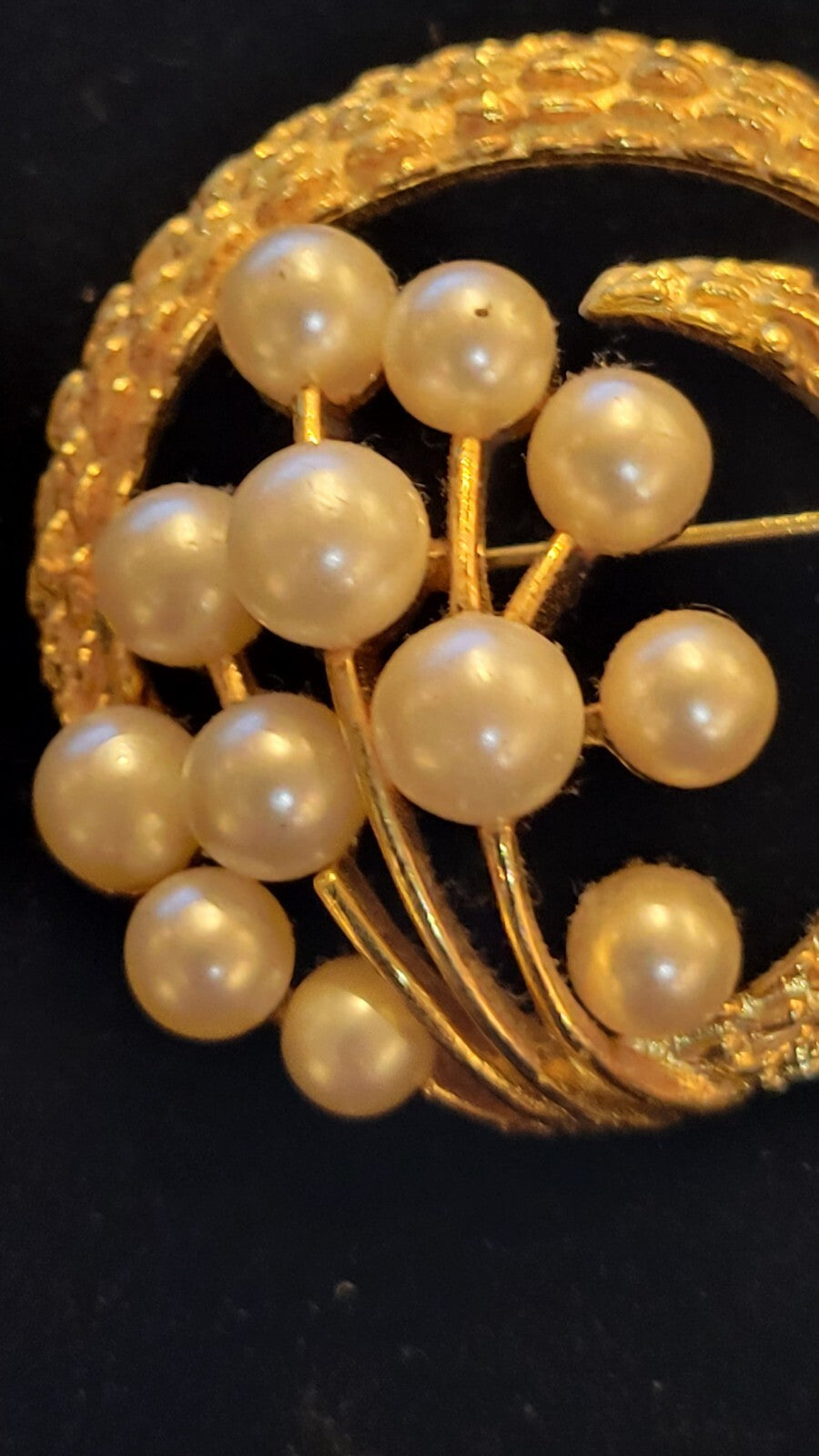 vintage signed  Crown Trifari Brooch. Gold Tone Metal, Faux Pearls 1 3/4" 1950"s