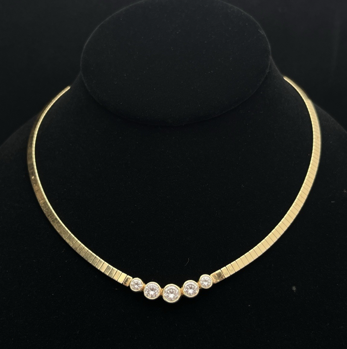 14K Yellow Gold 19.6 g 5 CZ Stones Omega Collar Necklace 15.5"