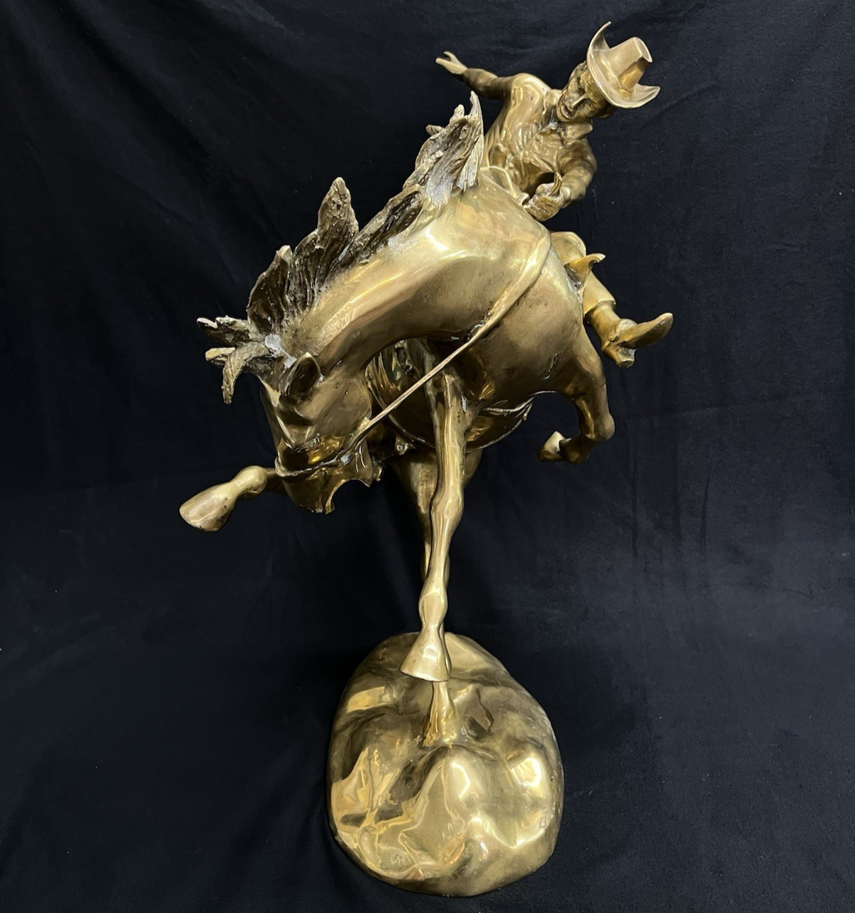 Polished Brass Wild Bucking Bronco w/ Removable Cowboy Rider Sculpture 21"