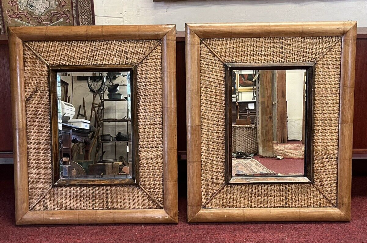 PAIR OF COASTAL BEACH BAMBOO & RATTAN FRAMED BEVELED MIRRORS 35.5" X 29.5"