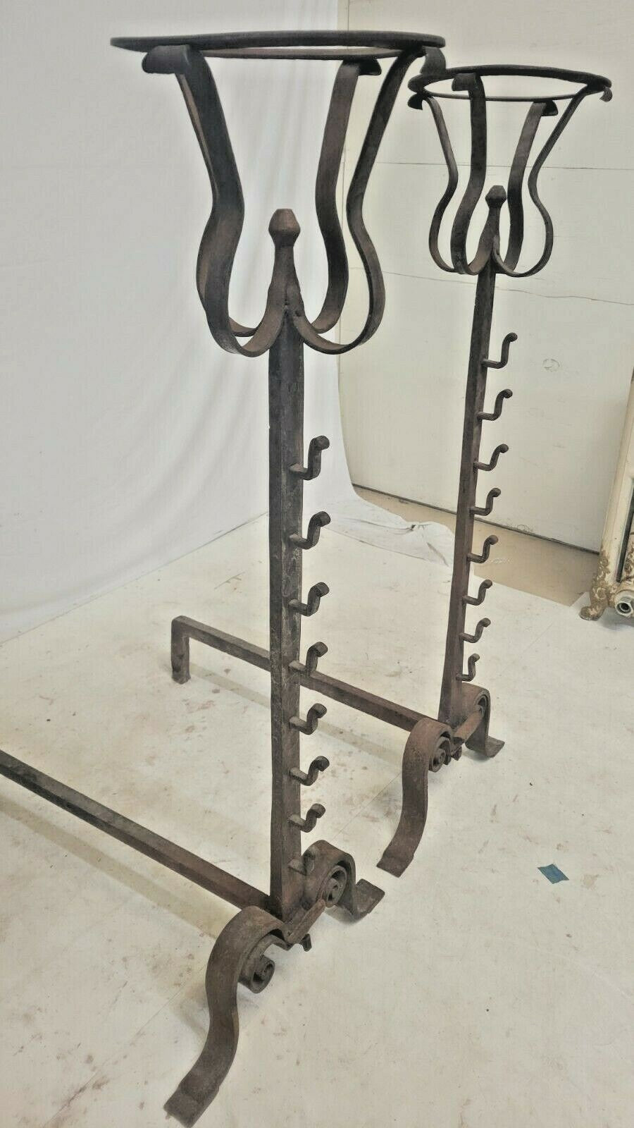 Pair Antique French Forged Iron Basket Top Cressset Andirons Fireplace Spit Dog