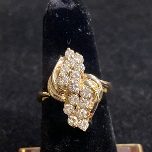 14K Yellow Gold Diamond Cluster Ring, Size 6.25, 3/4 ct TW, 6.2g