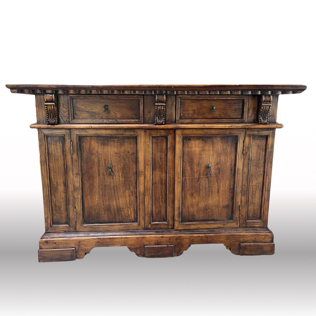 RUSTIC ITALIAN RENAISSANCE STYLE CARVED WALNUT TWO-DOOR CHEST SIDEBOARD CREDENZA