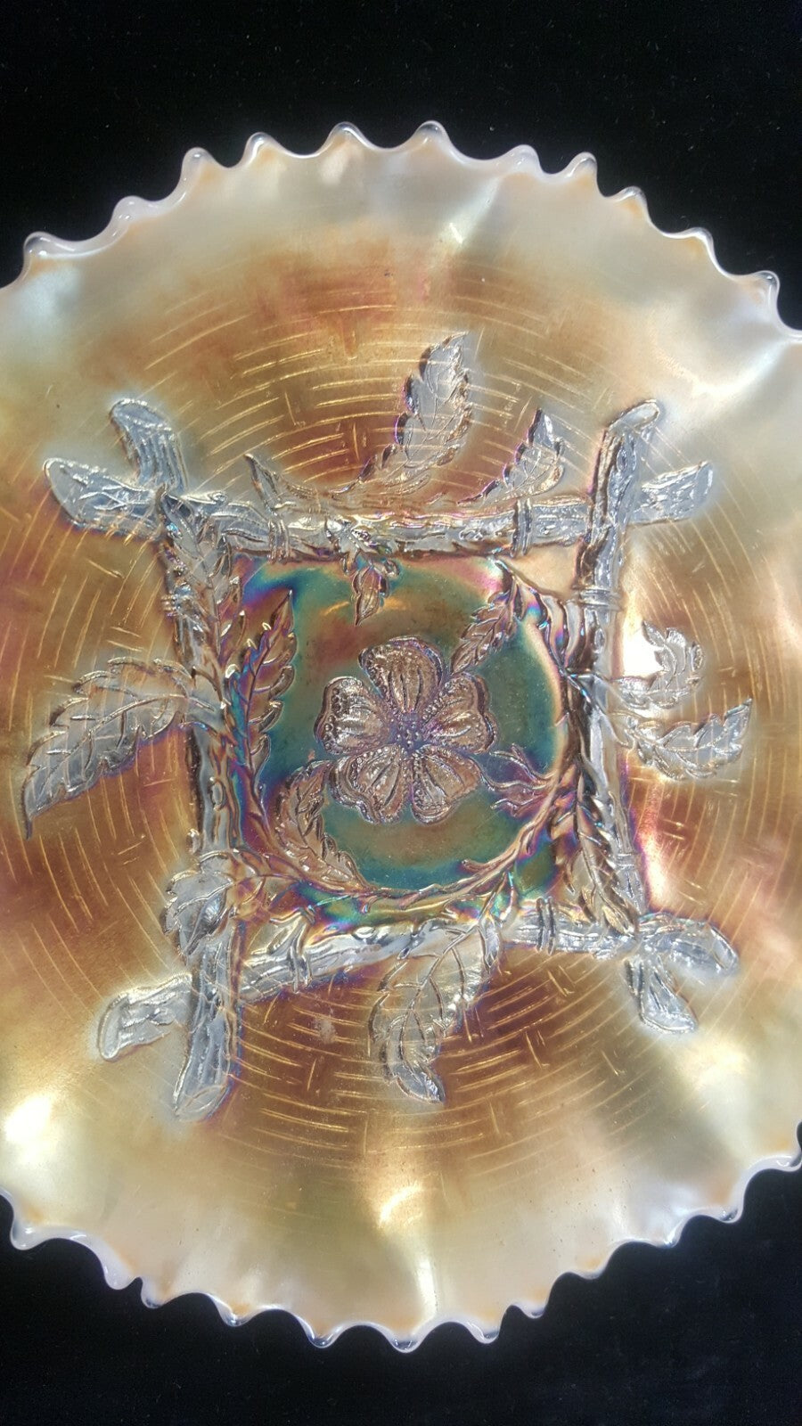 Antique Vintage Apple Blossom Twigs Marigold Carnival Glass Dugan Plate 1900s