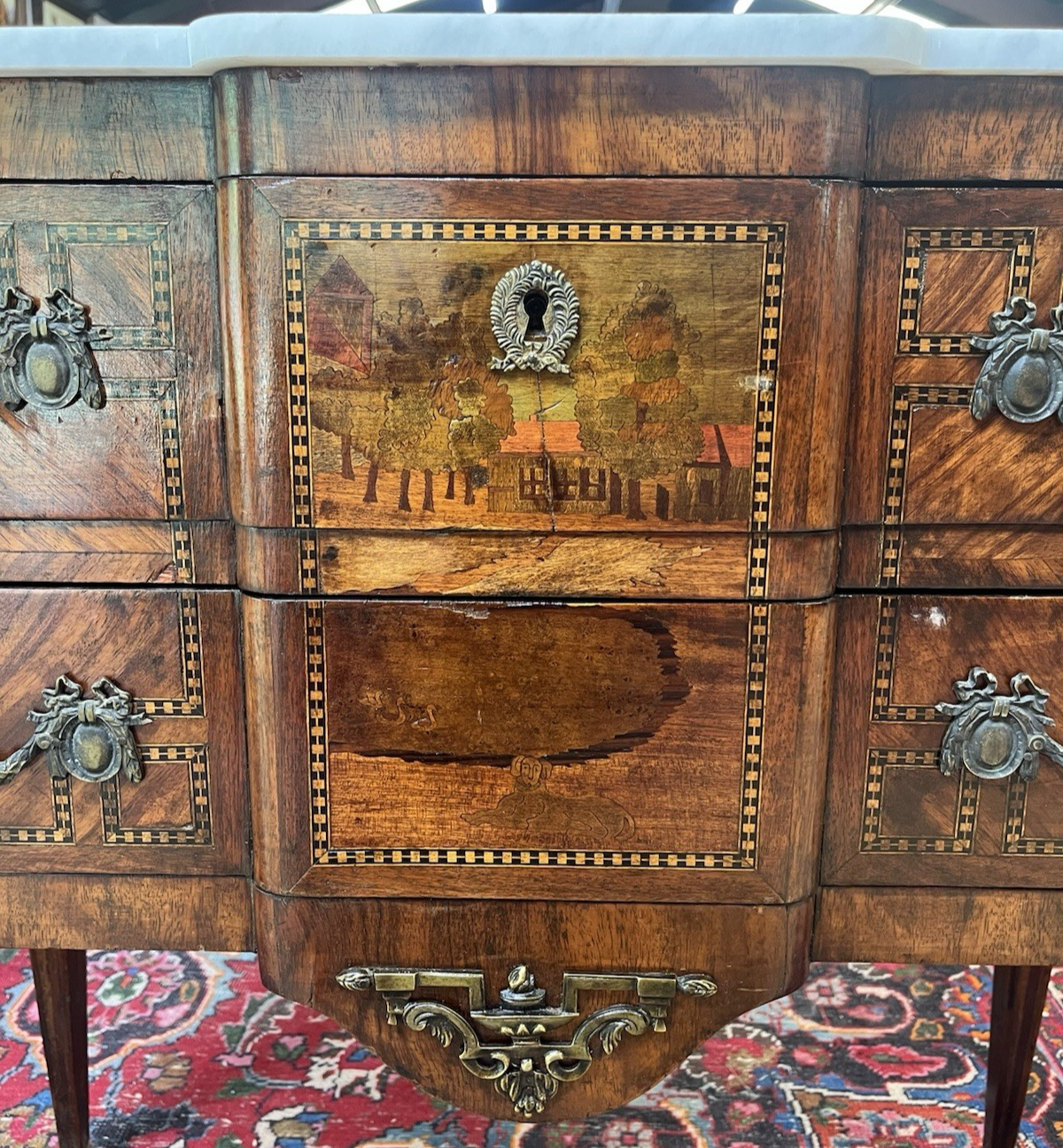 ANTIQUE FRENCH LOUIS XVI MARBLE-TOP INLAID BREAKFRONT COMMODE CHEST