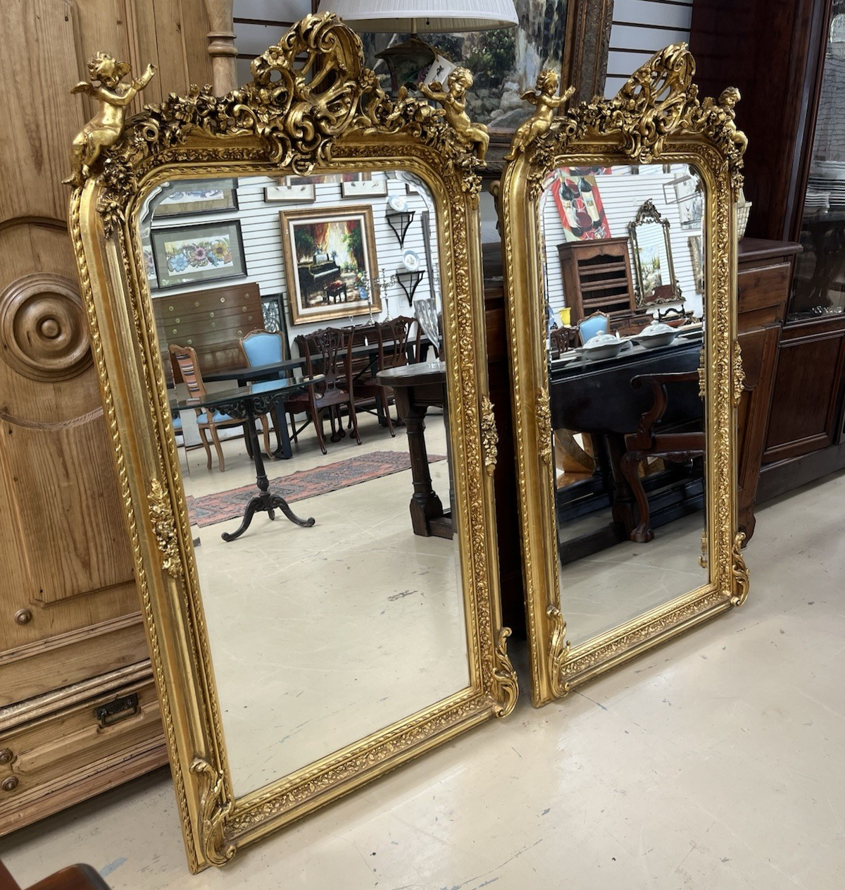 PAIR OF LARGE LOUIS XV STYLE GILT GOLD PUTTI ANGEL WALL MIRRORS, 61.5"H