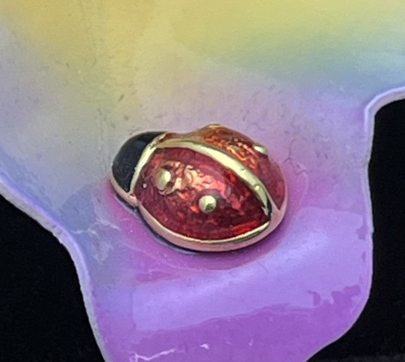 JOAN RIVERS Orchid Brooch Enamel Purple & Peach Flower Lady bug Pin Rhinestones