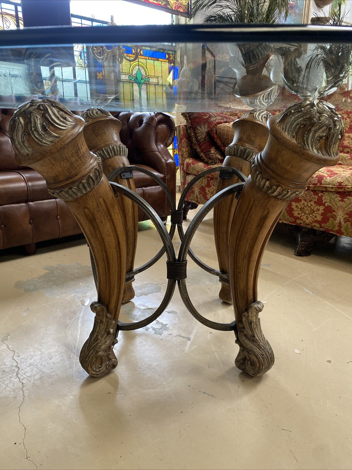 68" Round LARGE CONTEMPORARY GLASS-TOP Dining TABLE 4wood Carved & Iron Supports