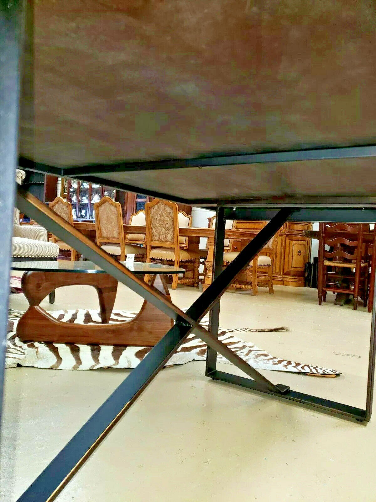 Restoration Hardware Style Metal Reclaimed Wood Table X Stretcher Dining Table