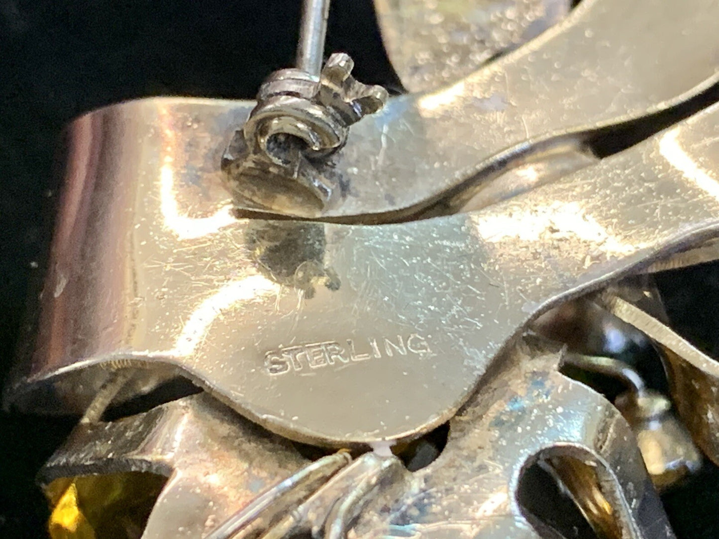 Large 1940's Floral Sterling Pin Brooch w. Large Glass Topaz Stone and more