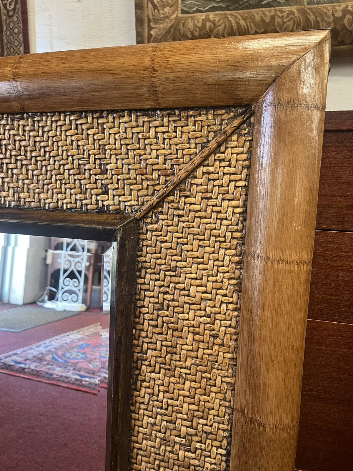 PAIR OF COASTAL BEACH BAMBOO & RATTAN FRAMED BEVELED MIRRORS 35.5" X 29.5"