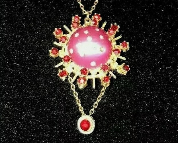 Vtg Celestial Moon and Stars Pendant Faux Amethyst Cabochon w Rhinestones Rubies