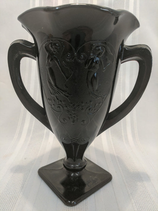 Vintage L.E. Smith Black Amethyst Glass  2 Handled Urn or Vase 1930's Very Nice!