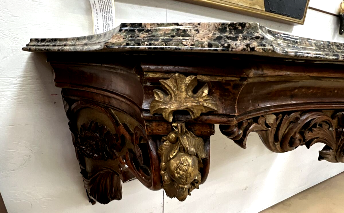 Pair French Rococo Carved Gilt Walnut Wall Mounted Consoles 47” Window Shelf