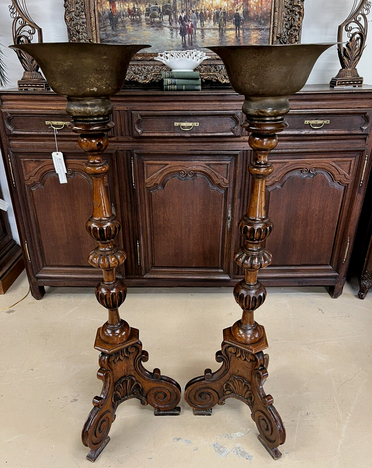 Pair of Antique French Oak Tall Pedestals brass planters jardinière entryway