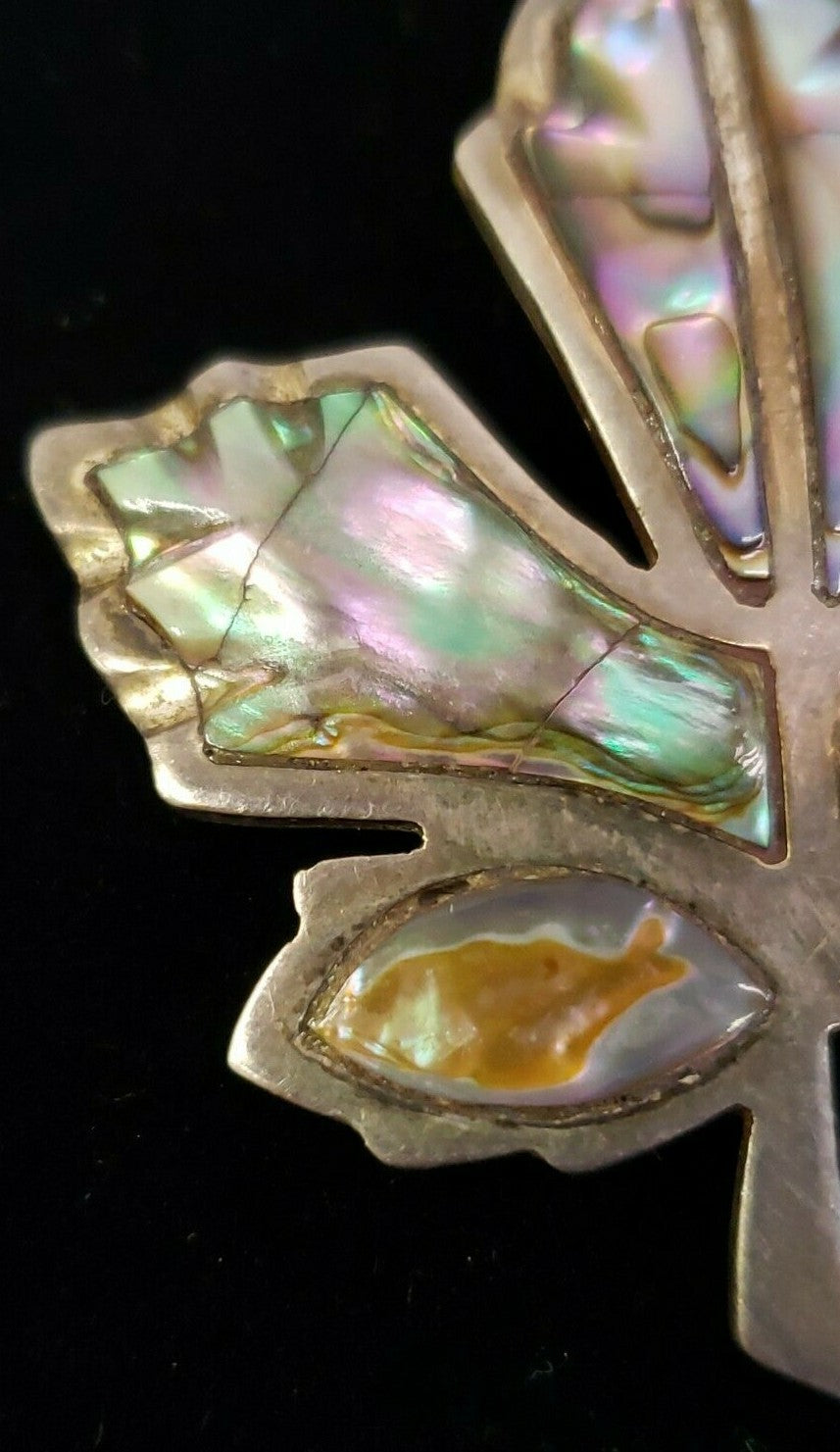 Vintage Signed Jose NS Taxco 925 Sterling Silver Abalone Maple Leaf Brooch