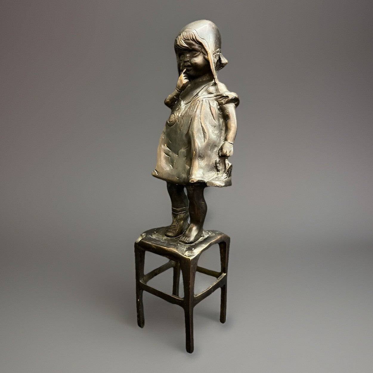 Antique After Juan Clara Bronze Sculpture Girl on Chair w/ One Shoe 11.5"