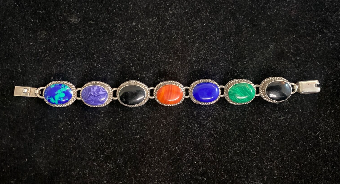Mexican Sterling 7 Oval Links Gemstone Bracelet 7.5"  turqouise, coral 44.8g