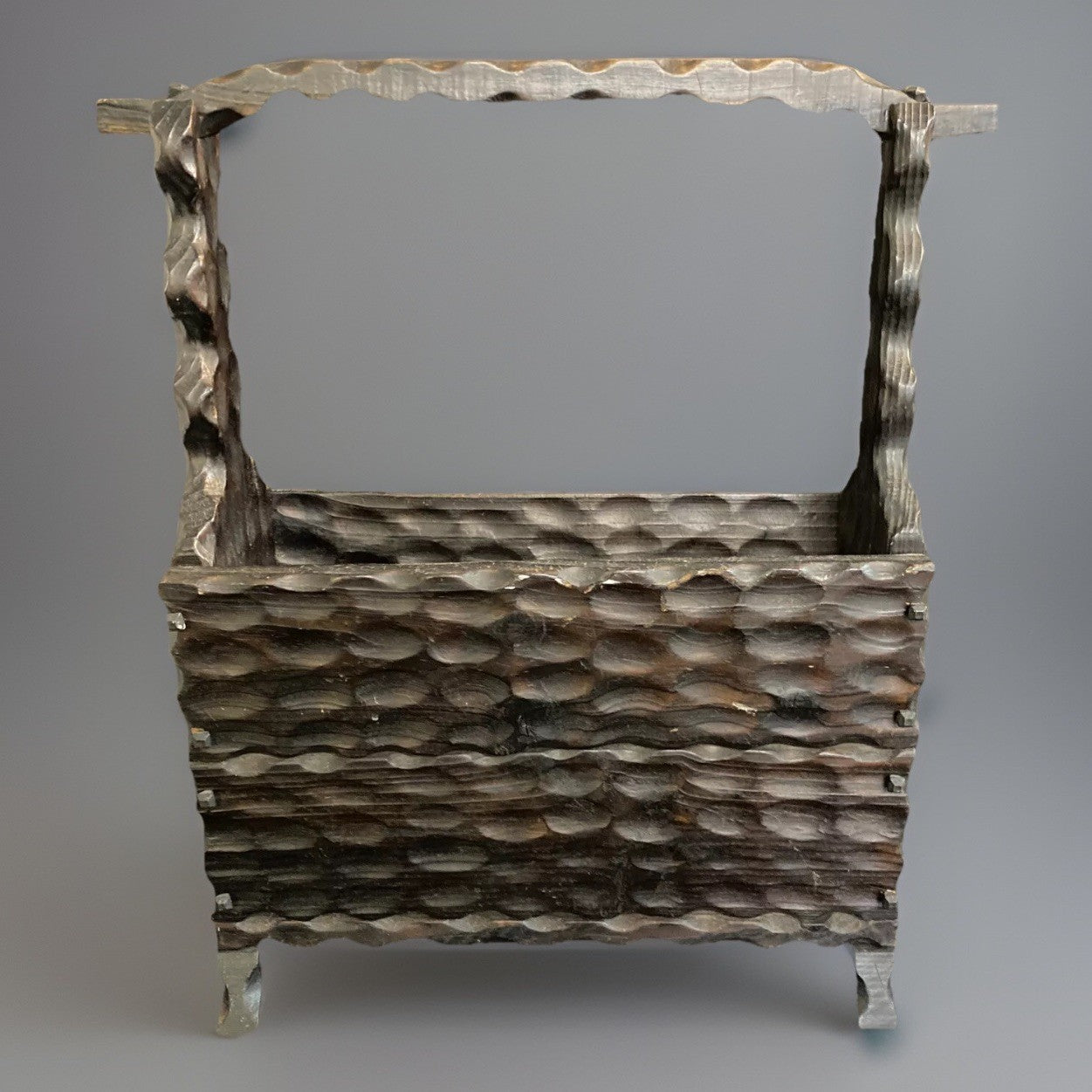 Spanish Brutalist Carved Wood Magazine Rack Vintage Farmhouse Lodge Rustic