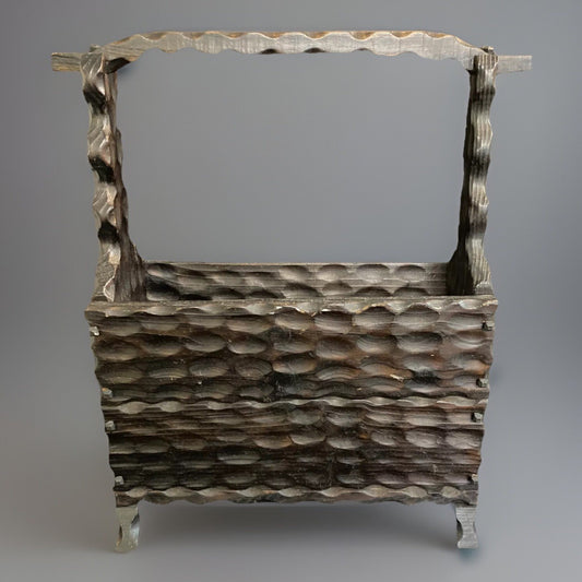 Spanish Brutalist Carved Wood Magazine Rack Vintage Farmhouse Lodge Rustic
