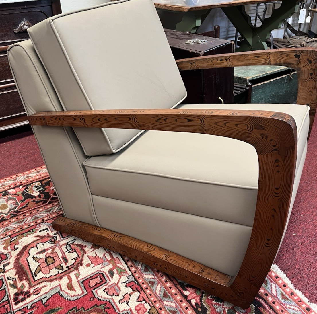 PAIR OF ART DECO STYLE UPHOLSTERED ARMCHAIRS & OTTOMANS