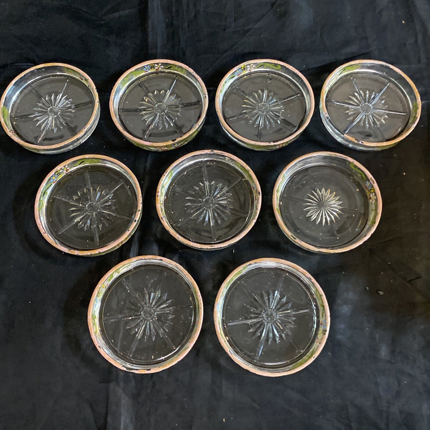 9x Floral Glass Enameled Wine Coasters