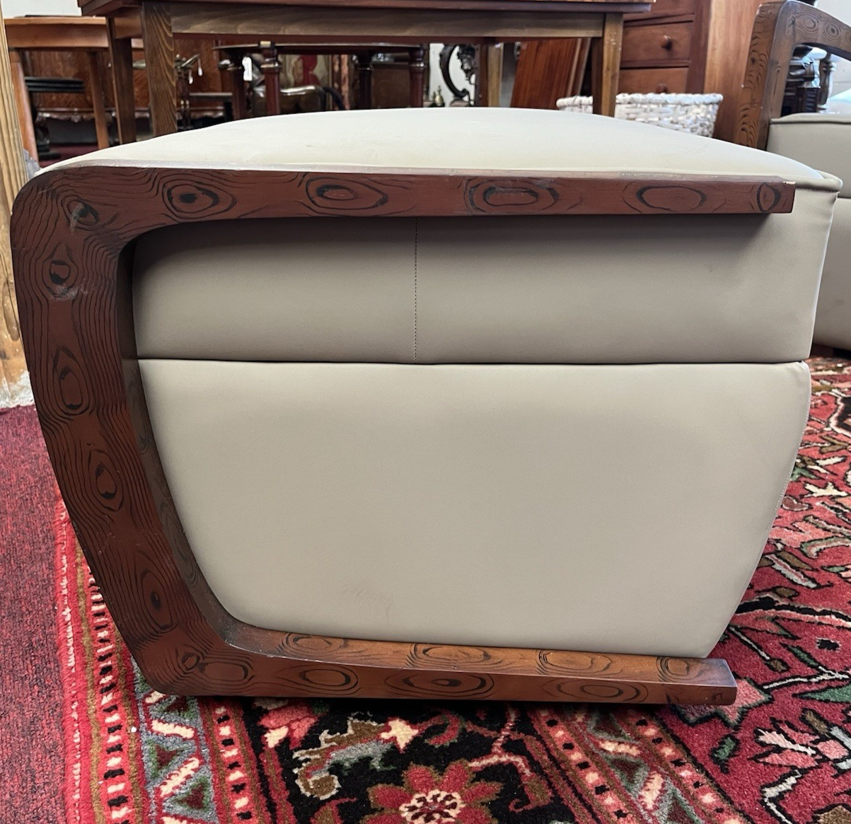 PAIR OF ART DECO STYLE UPHOLSTERED ARMCHAIRS & OTTOMANS