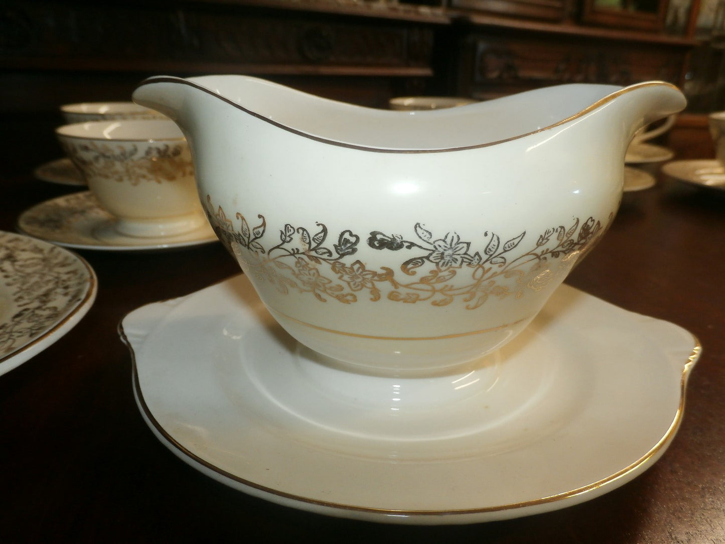 51 Pc. Edwin M Knowles Semi Vitreous Gold Floral China Set Service for 8 plus