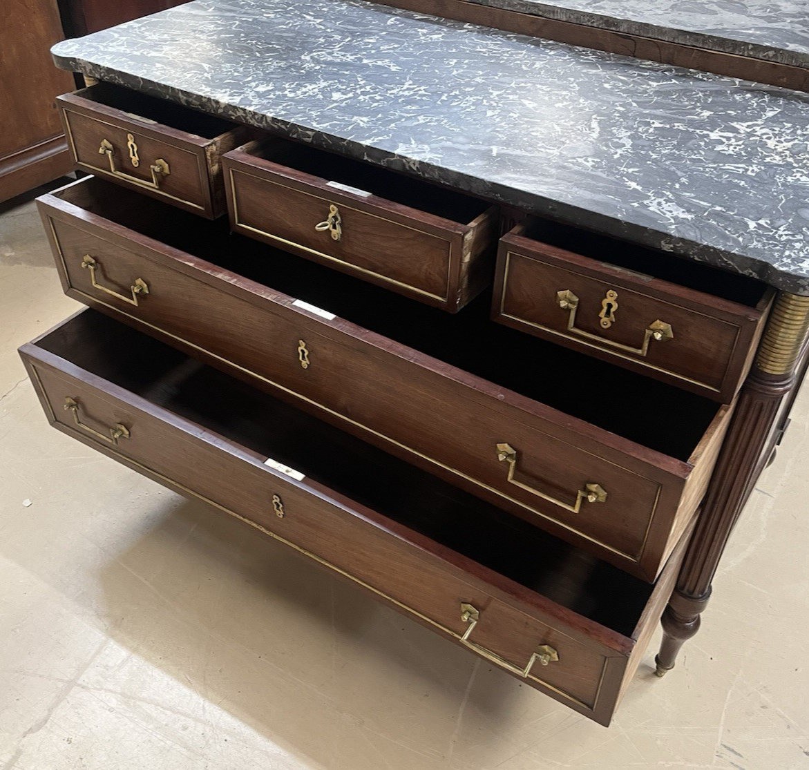 ANTIQUE FRENCH LOUIS XVI 5-DRAWER MAHOGANY COMMODE CHEST w/ GREY MARBLE TOP