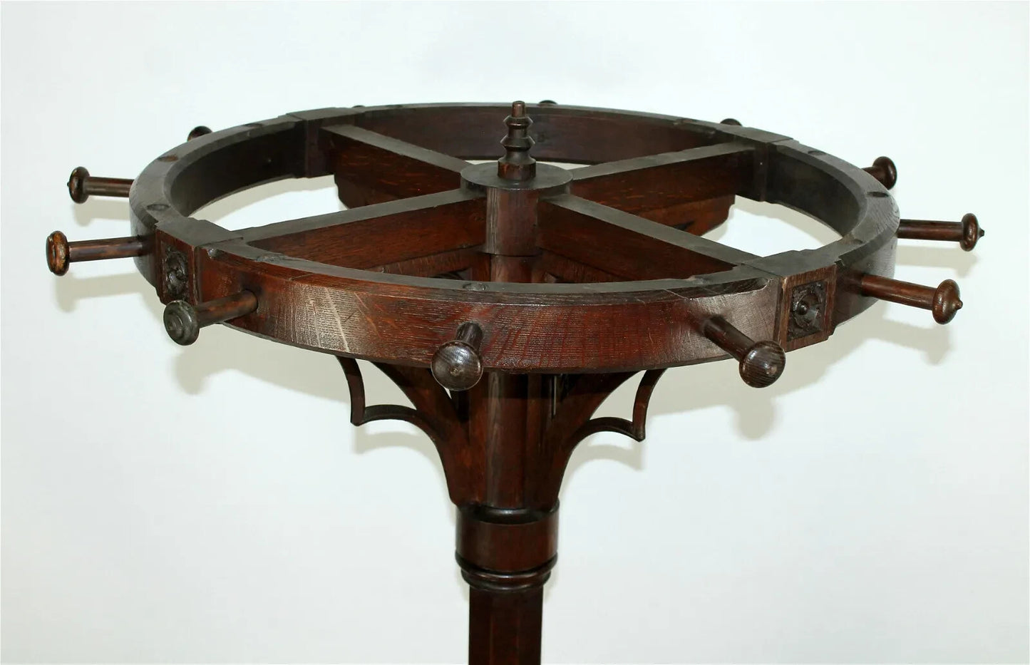 Antique French Gothic Revival Carved Oak Round Pedestal Rotating Coat Tree Rack