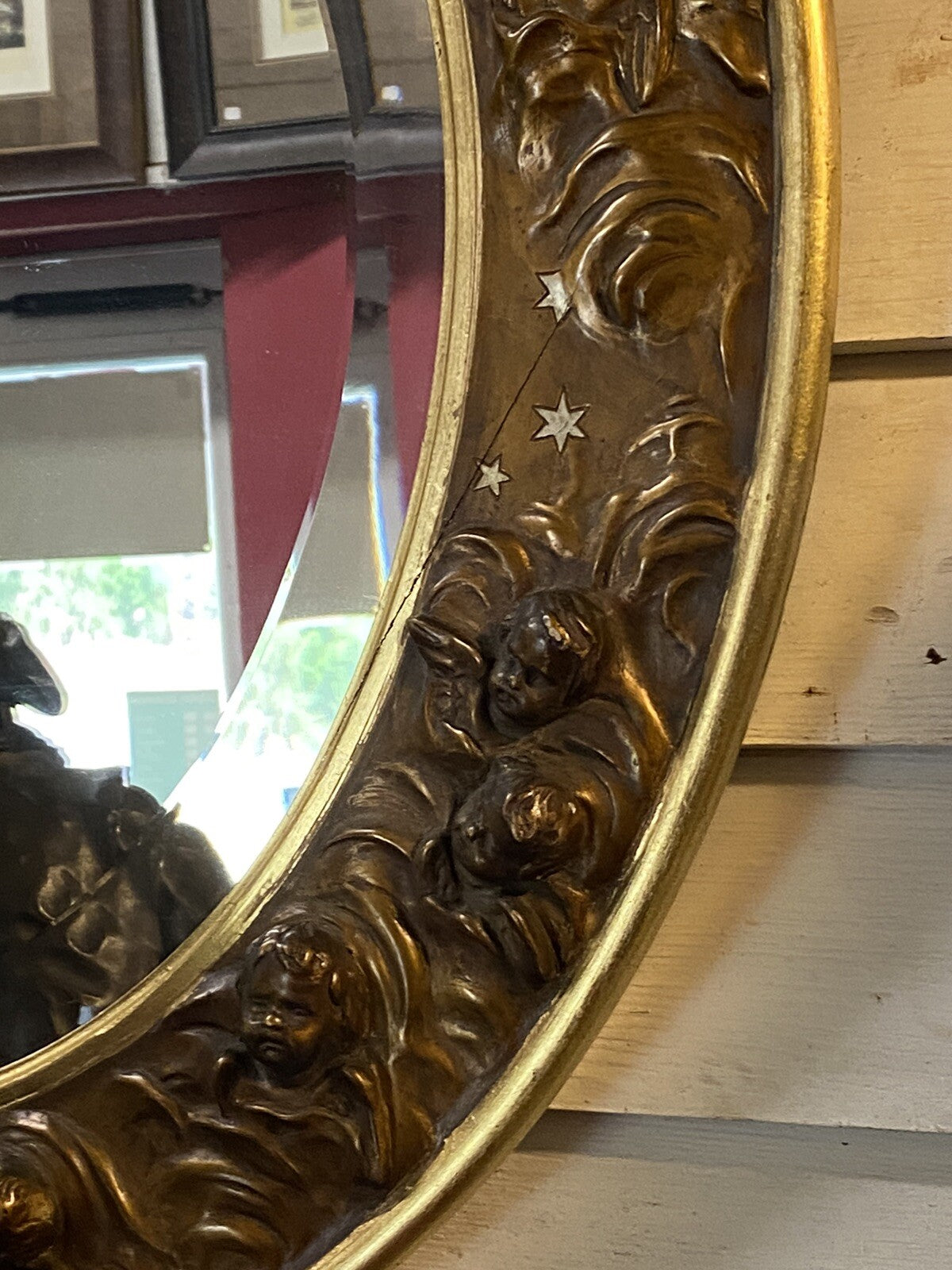 Antique Victorian Gold Oval Mirror w/ Cherub Faces and Wings