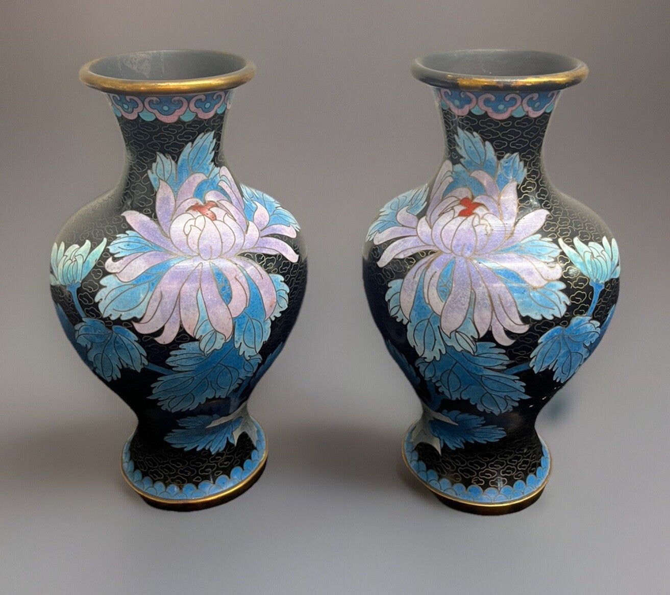 Antique pair Chinese cloisonne floral vases