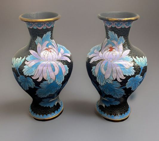 Antique pair Chinese cloisonne floral vases
